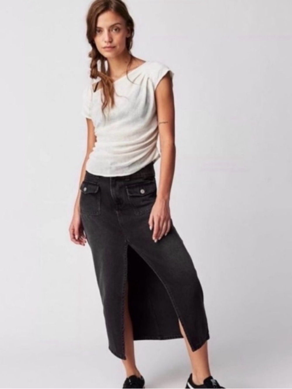 NWOT Free People We The Free Madison Denim Midi Skirt – Washed Black, Size 25